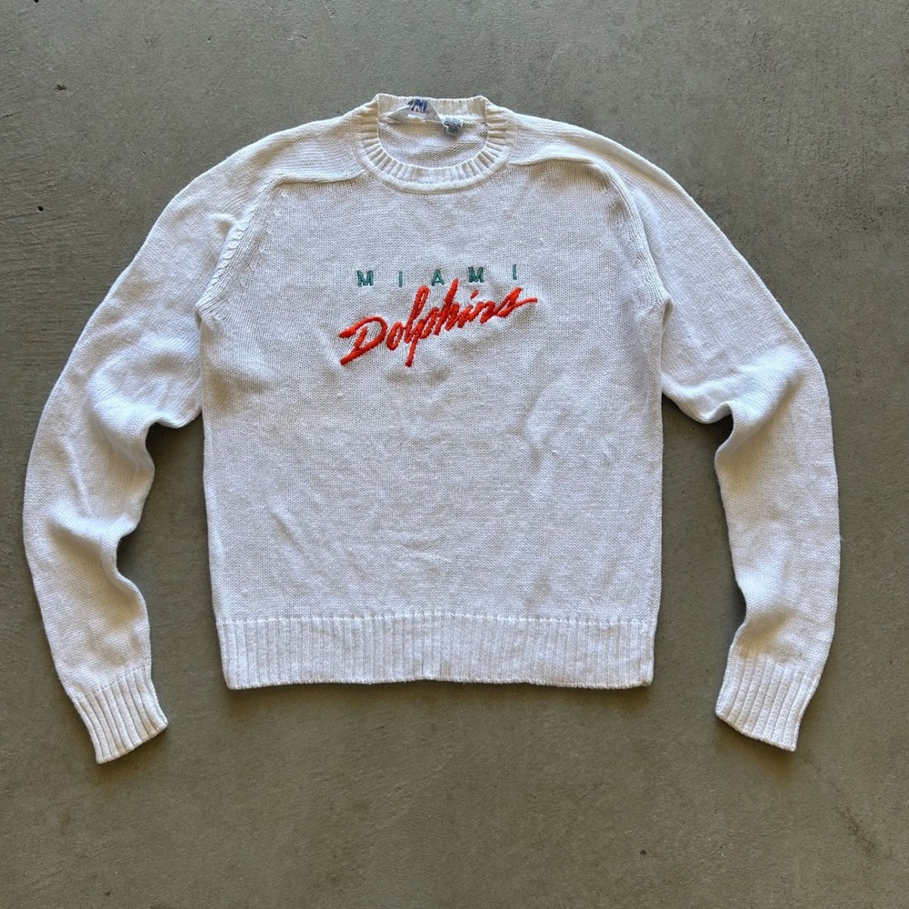 Vintage 90s‎ Logo 7 Miami Dolphins Sweater Size XL White Pullover NFL Knit Logo